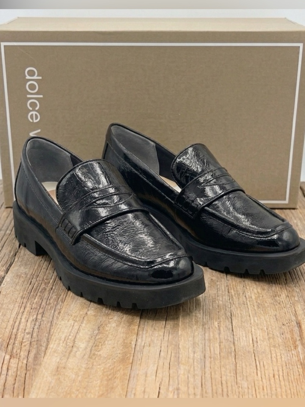 Dolce Vita Elias Black Penny Loafers Lug Sole Block Heel Chunky Shoes Size 9.5